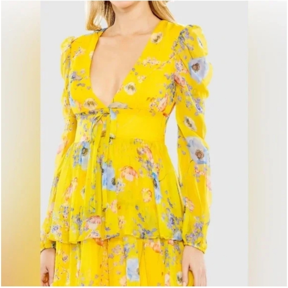 NWT Mac Duggal Yellow Chiffon Ruffled Tiered Long Sleeve Dress Sz 2 - Picture 5 of 15